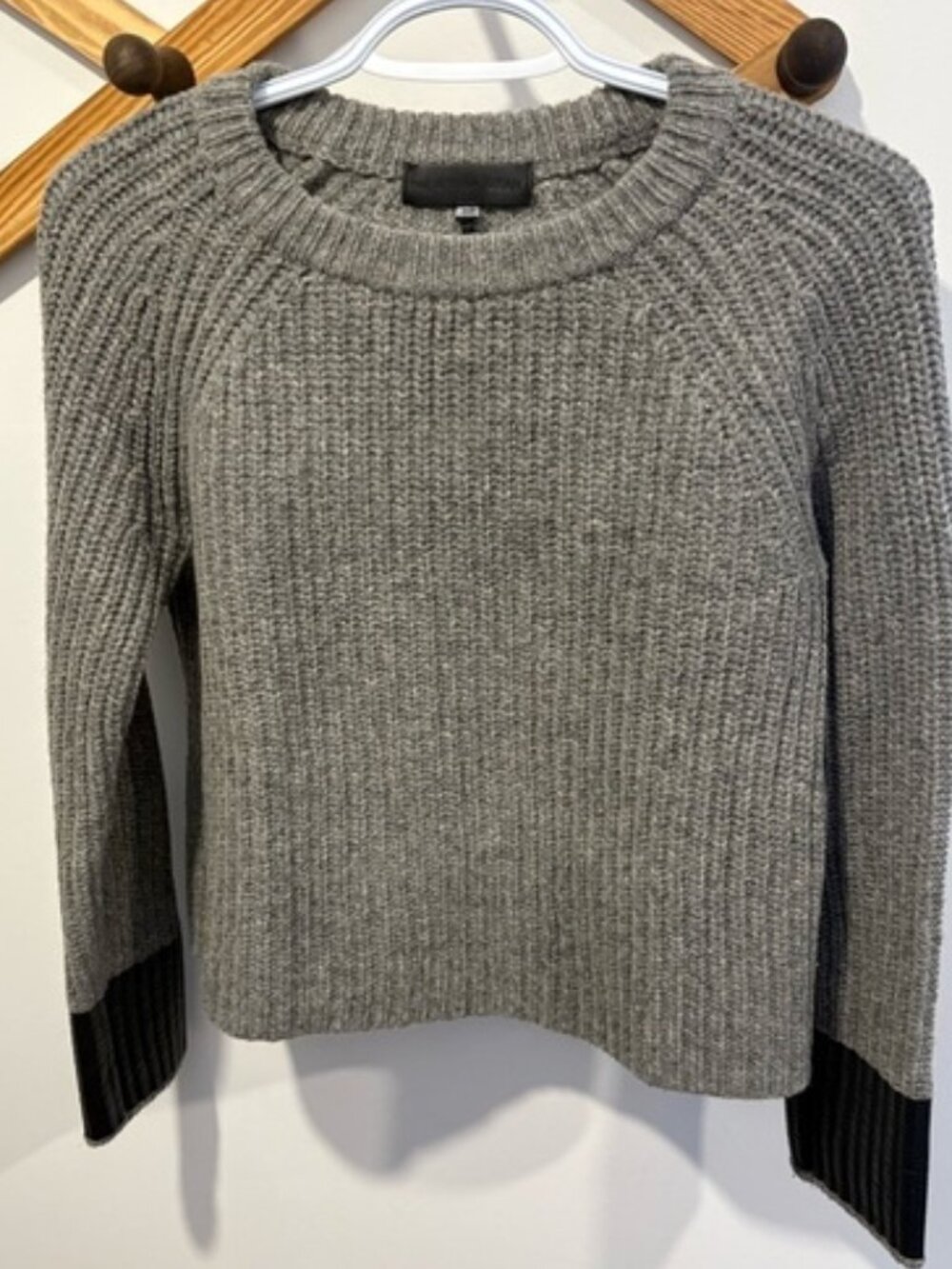Rag & Bone Gray Ribbed Knit Wool Blend Sweater Black Cuffs Size S